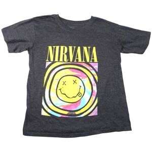 Nirvana Smiley Face Tie Dye Graphic T Shirt Charcoal Gray Women's Small‎